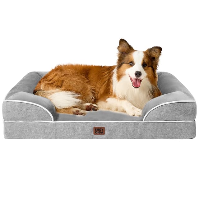 🐶 Orthopädisches Hundebett für große Hunde - Hundekorb mit Memory Foam und Nackenrollen - Wasserdicht und rutschfest - Grau