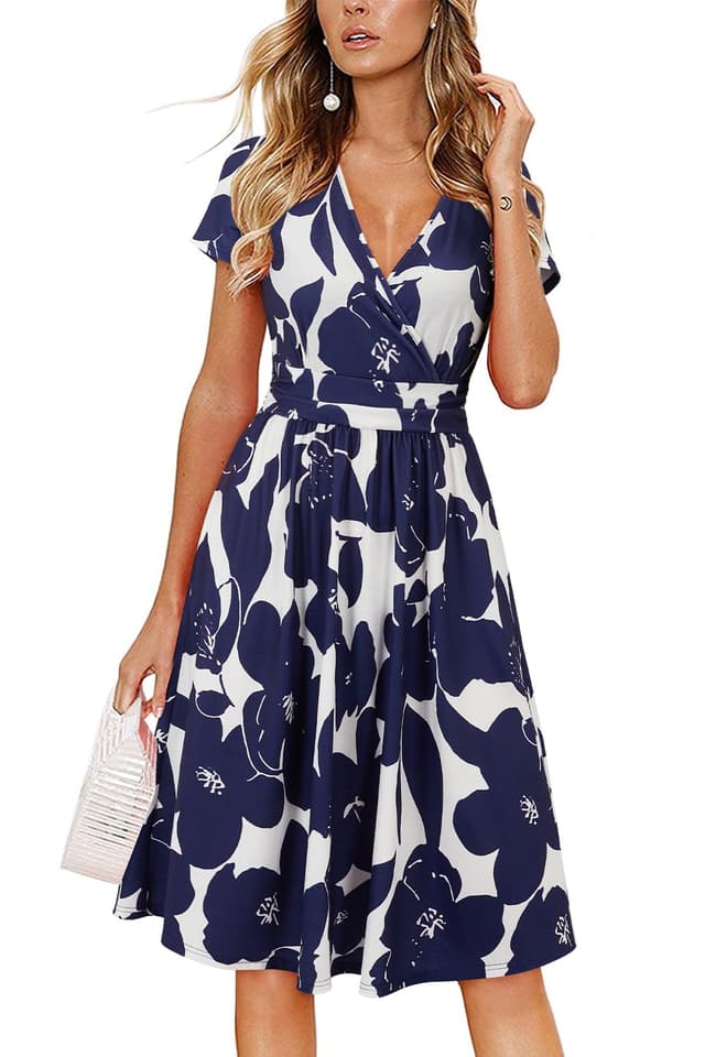 OUGES Kleid Damen Kurzarm/Langarm Winterkleid V-Ausschnitt Casual Midi Freizeitkleid mit Taschen XL Floralz30-419 🌸👗