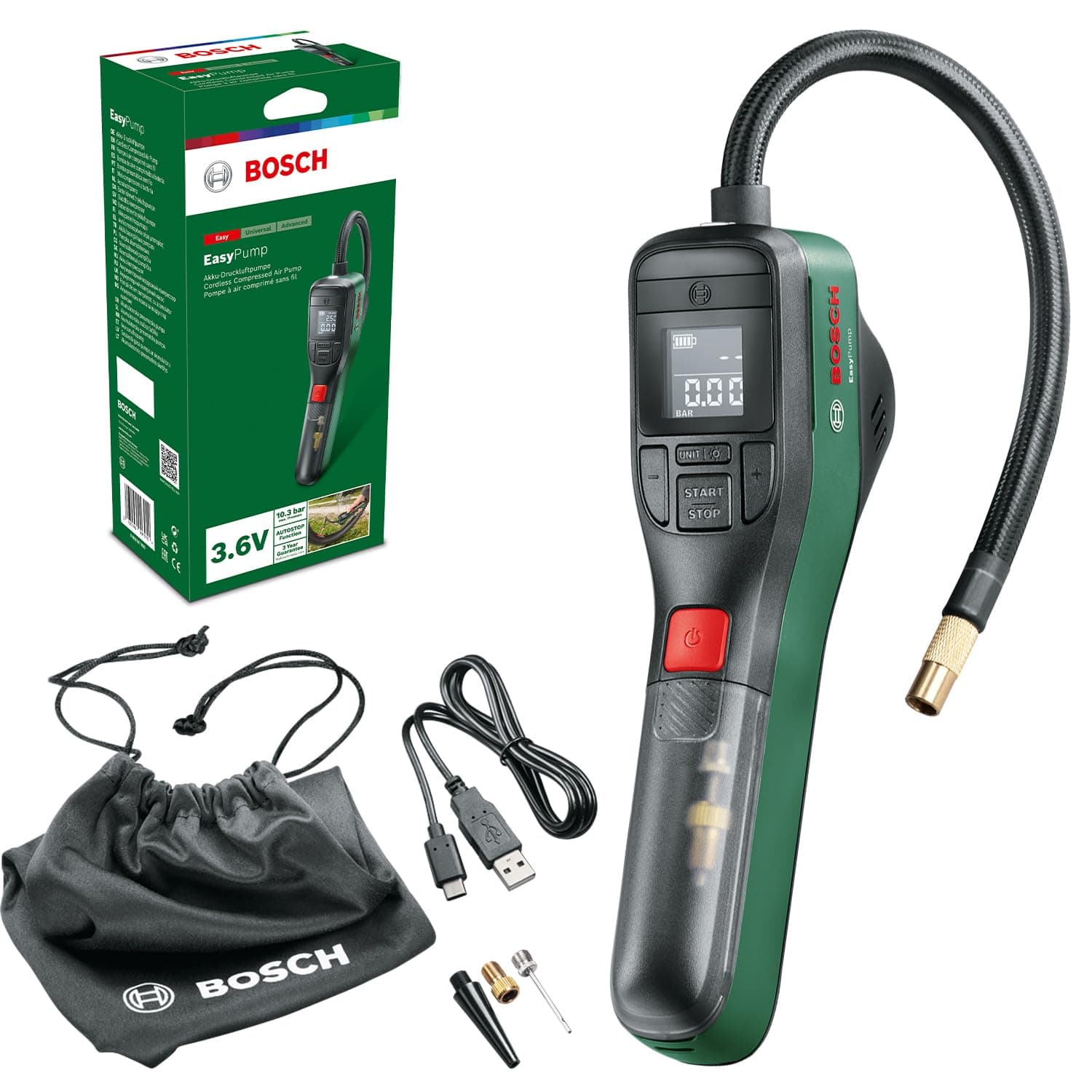 🚴‍♂️🔋 Bosch EasyPump Grün Elektrische Luftpumpe mit Autostop-Funktion - Deal des Tages!