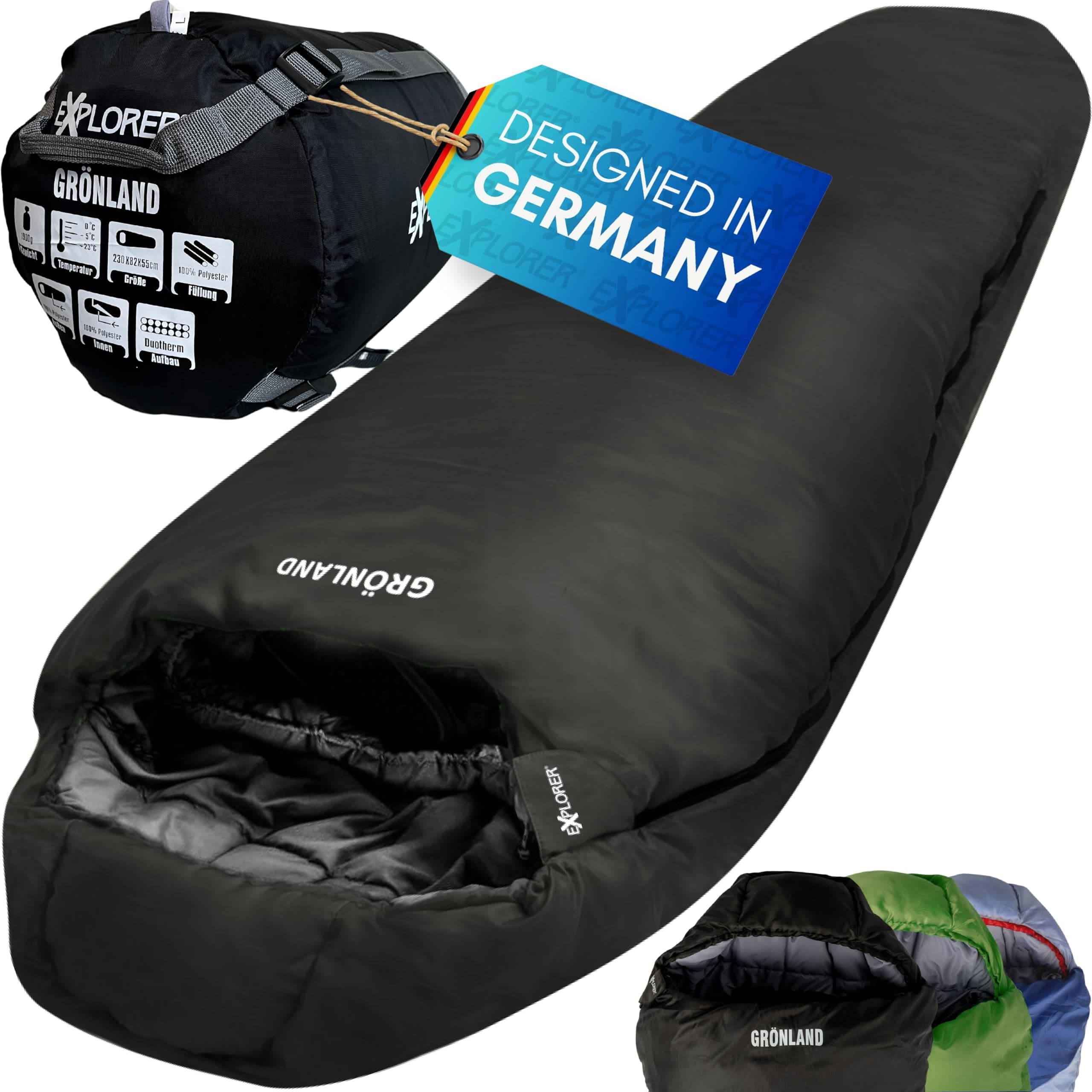 EXPLORER® GRÖNLAND Schlafsack -23°C -5°C [350GSM] 3-4 Jahreszeiten Winter Mumienschlafsack Erwachsene[1900g] 230x82x55cm Schwarz