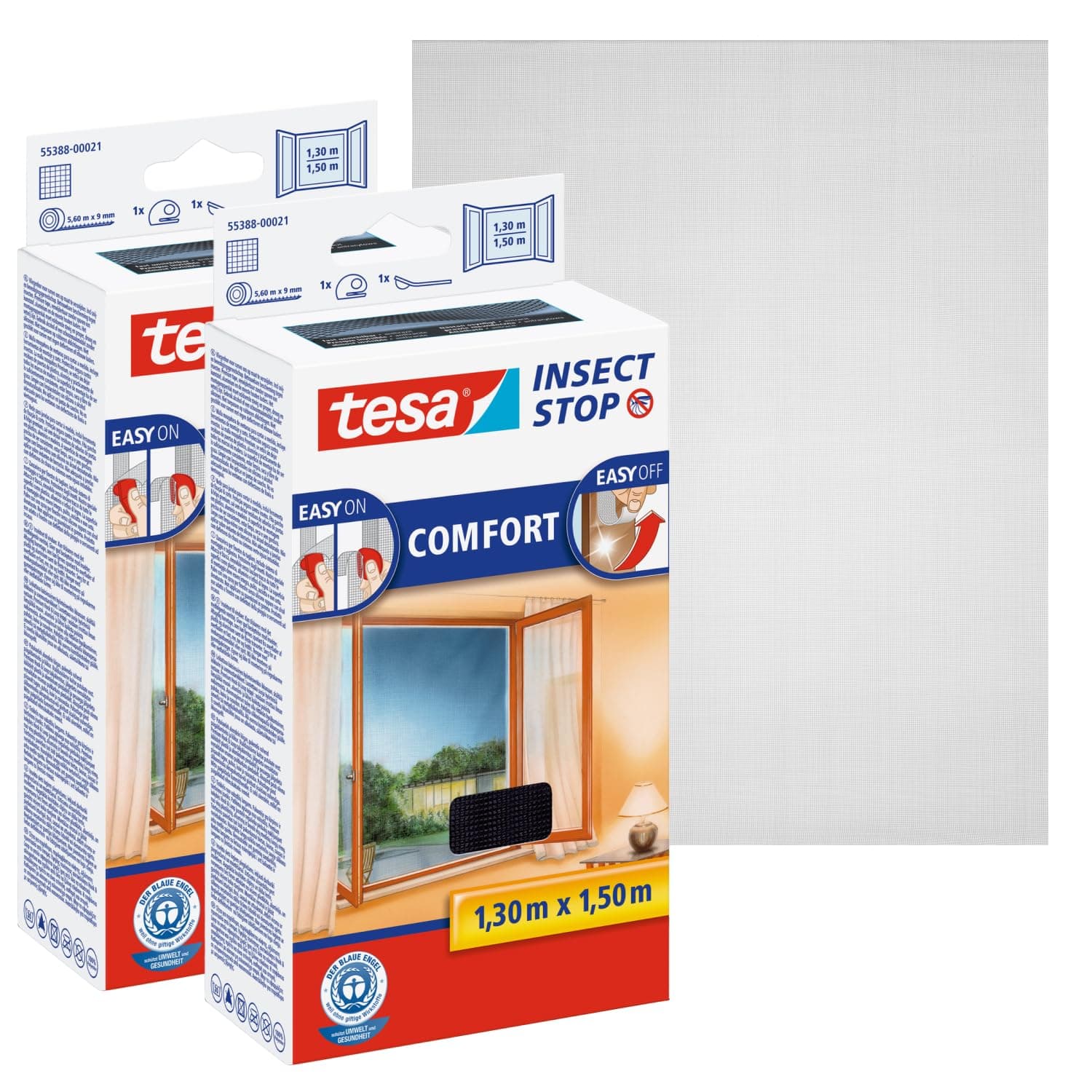 tesa Insect Stop COMFORT Fliegengitter für Fenster im 2er Pack 🦟 - Insektenschutz mit Klettband selbstklebend - Fliegen Netz ohne Bohren - anthrazit (durchsichtig), 2x 130 cm x 150 cm