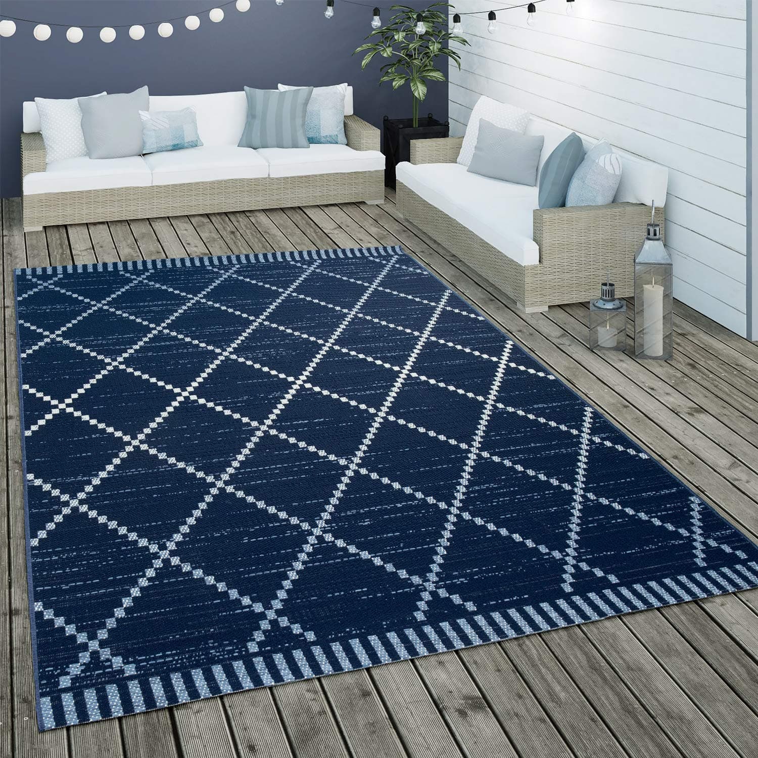 🌟 Super Deal! 🌟 Paco Home In- & Outdoor Flachgewebe Teppich Ethno Geometrisch Skandi-Design in Blau Weiß, Größe: 200x290 cm
