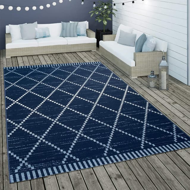 🌟 Super Deal! 🌟 Paco Home In- & Outdoor Flachgewebe Teppich Ethno Geometrisch Skandi-Design in Blau Weiß, Größe: 200x290 cm
