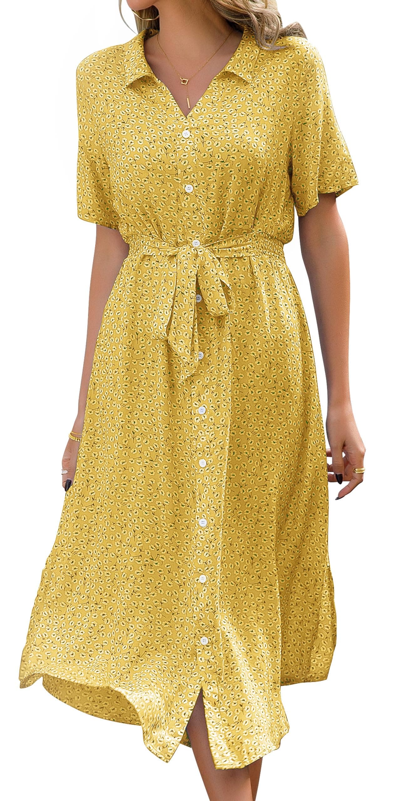 Livonmone Sommerkleid Damen 🌼 Casual V-Ausschnitt Blumendruck Midikleid