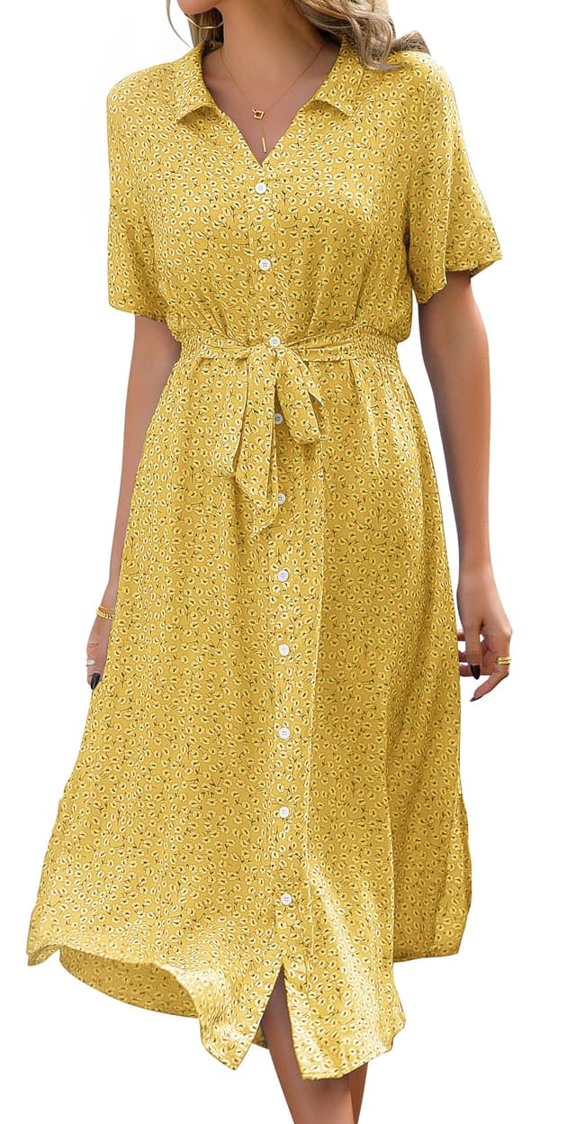 Livonmone Sommerkleid Damen 🌼 Casual V-Ausschnitt Blumendruck Midikleid