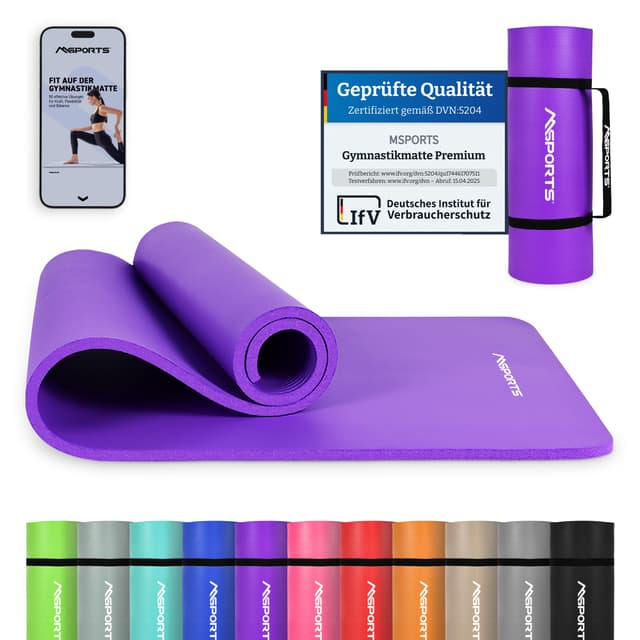 MSPORTS Gymnastikmatte Premium inkl. Tragegurt + Übungsposter + Workout App - Violett