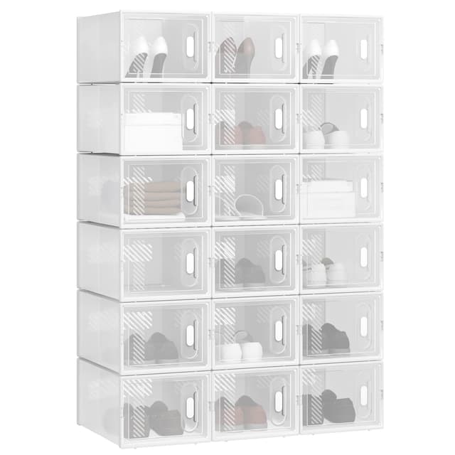 👟📦 WOLTU Schuhregal mit 18 stapelbaren Schuhboxen - Transparent & Weiß - DIY Regalsystem