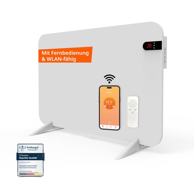 Könighaus 450W Smart 𝗗𝘂𝗮𝗹-𝗜𝗻𝗳𝗿𝗮𝗿𝗼𝘁𝗵𝗲𝗶𝘇𝘂𝗻𝗴 𝐕𝟐 - Standgerät/Wandmontage - WLAN App-Steuerung mit Fernbedienung - inkl. Handtuchhalter, Standfüße & Befestigungsmaterial Farbe: Weiß 450 Watt - Weiß mit Display