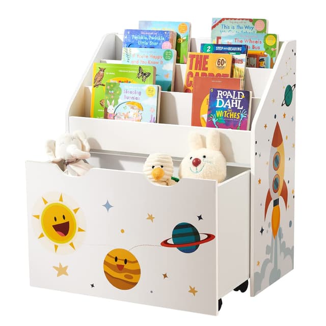 🚀 SONGMICS Spielzeugregal, Bücherregal für Kinder, Kinderzimmerregal mit Weltraum-Motiven 🌌