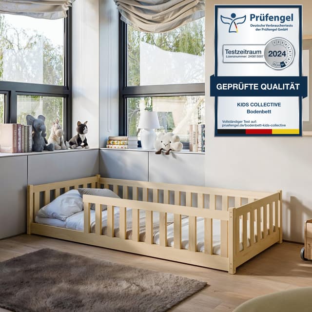 Kinderbett Bodenbett 90x200 cm mit Rausfallschutz & Lattenrost Montessori Bett