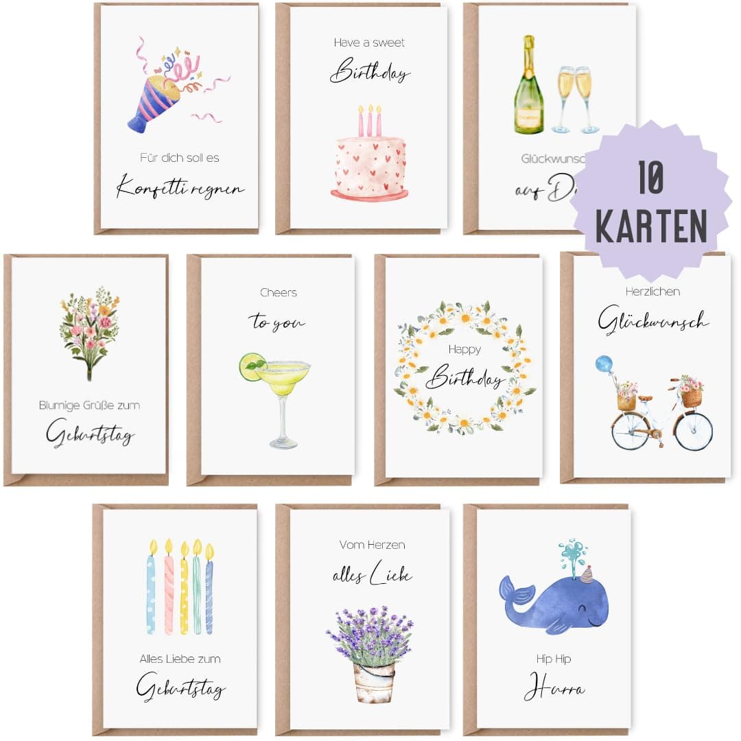 10 Geburtstagskarten DIN A6 | Glückwunschkarten zum Geburtstag Set 🎁🎉