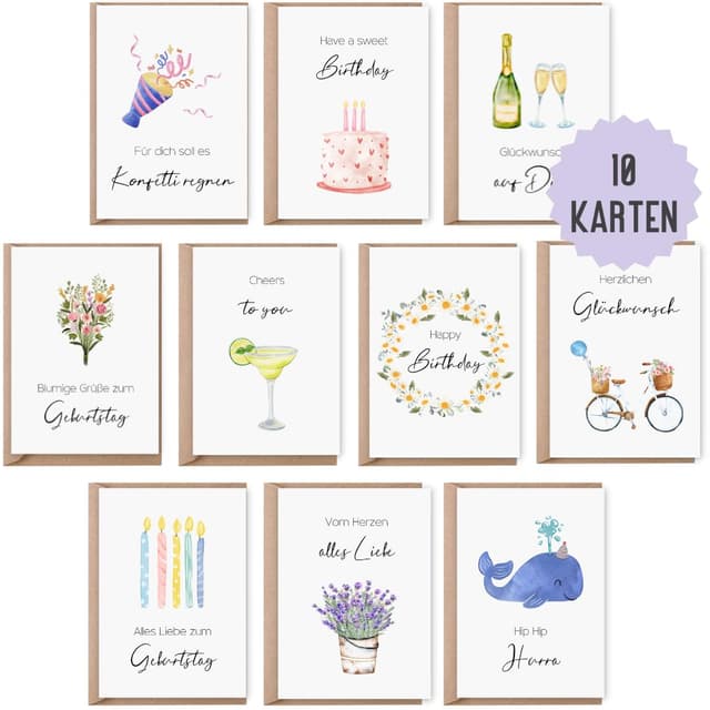 10 Geburtstagskarten DIN A6 | Glückwunschkarten zum Geburtstag Set 🎁🎉