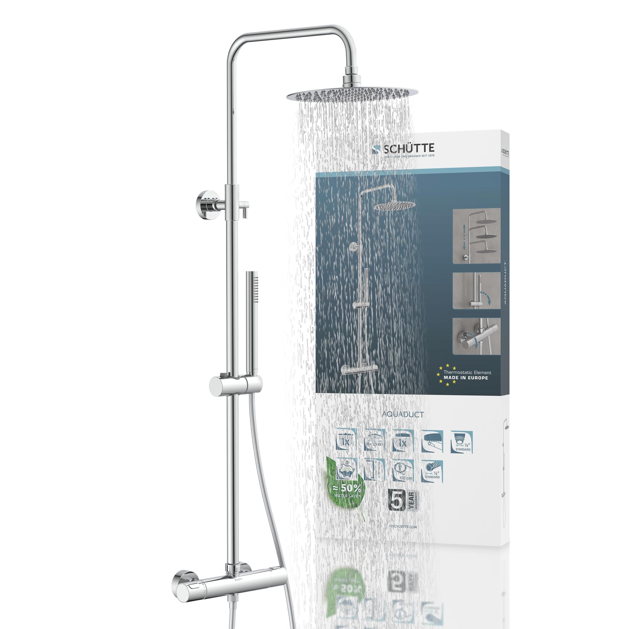 🚿 SCHÜTTE AQUADUCT 60044 Duschsystem mit Thermostat | Duschset mit großer Regendusche ⭐