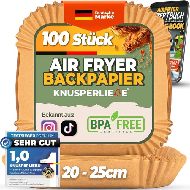 KNUSPERLIEBE® Backpapier für Heißluftfritteuse XXL 20-25cm 5-7,3 L, 100 Stück 🍳🔥