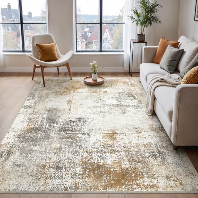 BEIMO Waschbarer Teppich Wohnzimmer, Abstrakt Design Teppich Schlafzimmer Kurzflor Karamellgrau