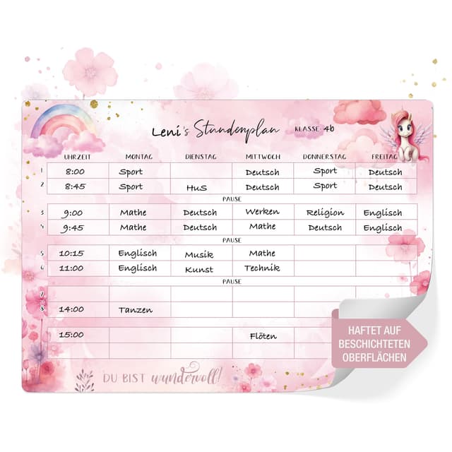 TOBJA Einhorn Stundenplan abwischbar 🌈🦄 - Haftet auf Allen glatten Oberflächen