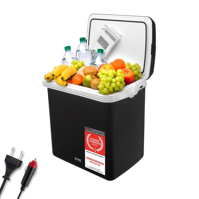 🌟 TZS First Austria Elektrische Kühlbox 32 Liter | 12 Volt & 230 Volt Anschluss 🚗🏕️ | Camping, Festivals & Reisen | Kühl- und Warmhaltefunktion | Schwarz/Weiß