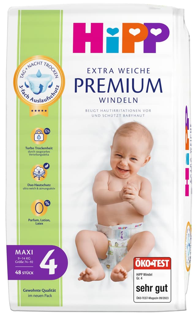 👶🌿🌟 HiPP Extra Weiche Premium Windeln 4 (Maxi, 9-14 kg), 96 Stück (2 Packungen mit 48) 🌟🌿👶