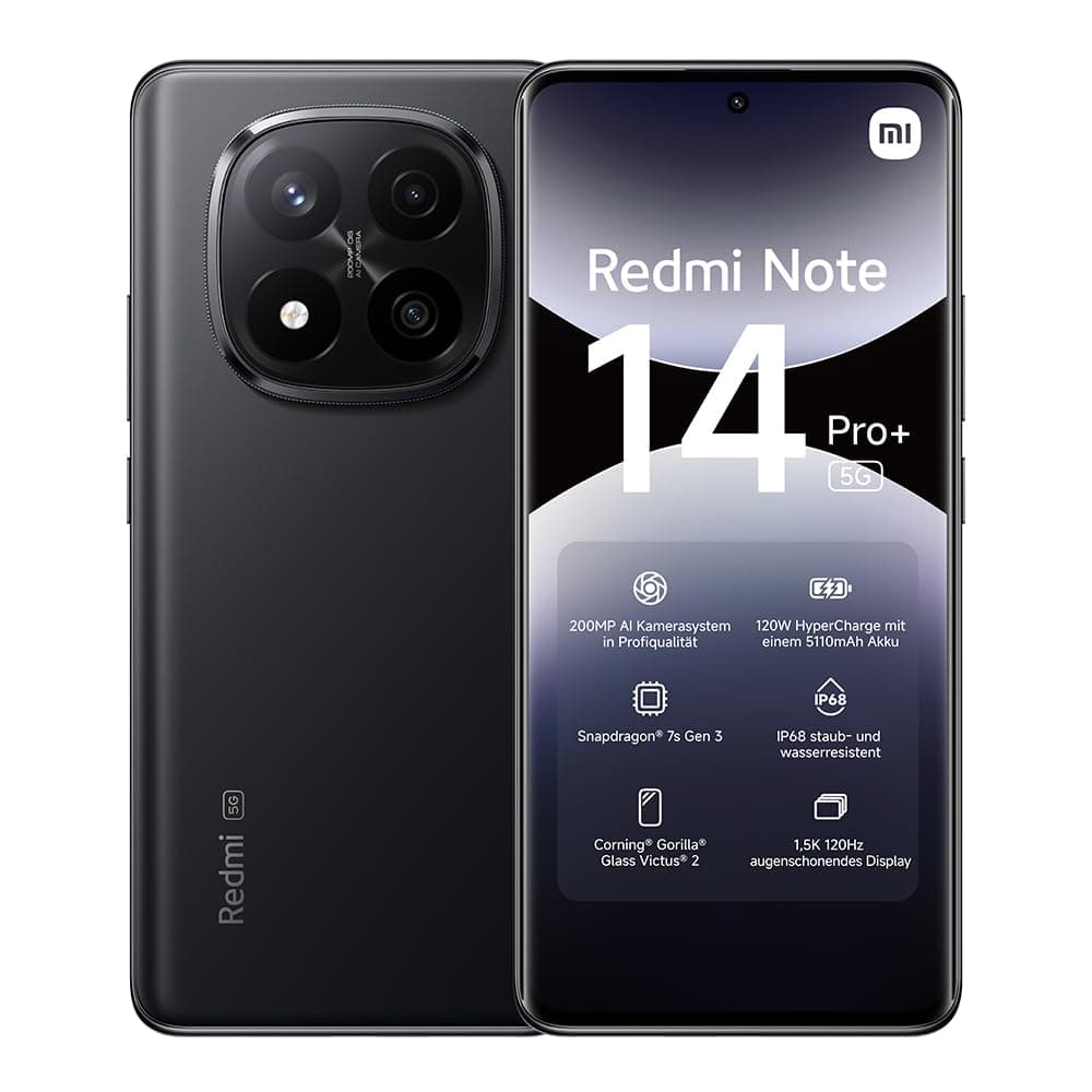 📱 Xiaomi Redmi Note 14 Pro+ 5G Smartphone, 8 + 256GB, Black, 200MP AI-Kamera, IP68, 120W HyperCharge