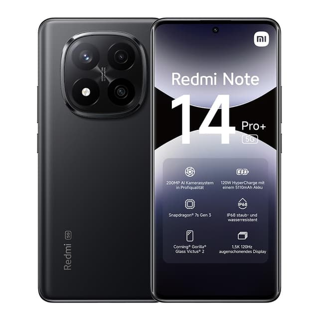 📱 Xiaomi Redmi Note 14 Pro+ 5G Smartphone, 8 + 256GB, Black, 200MP AI-Kamera, IP68, 120W HyperCharge