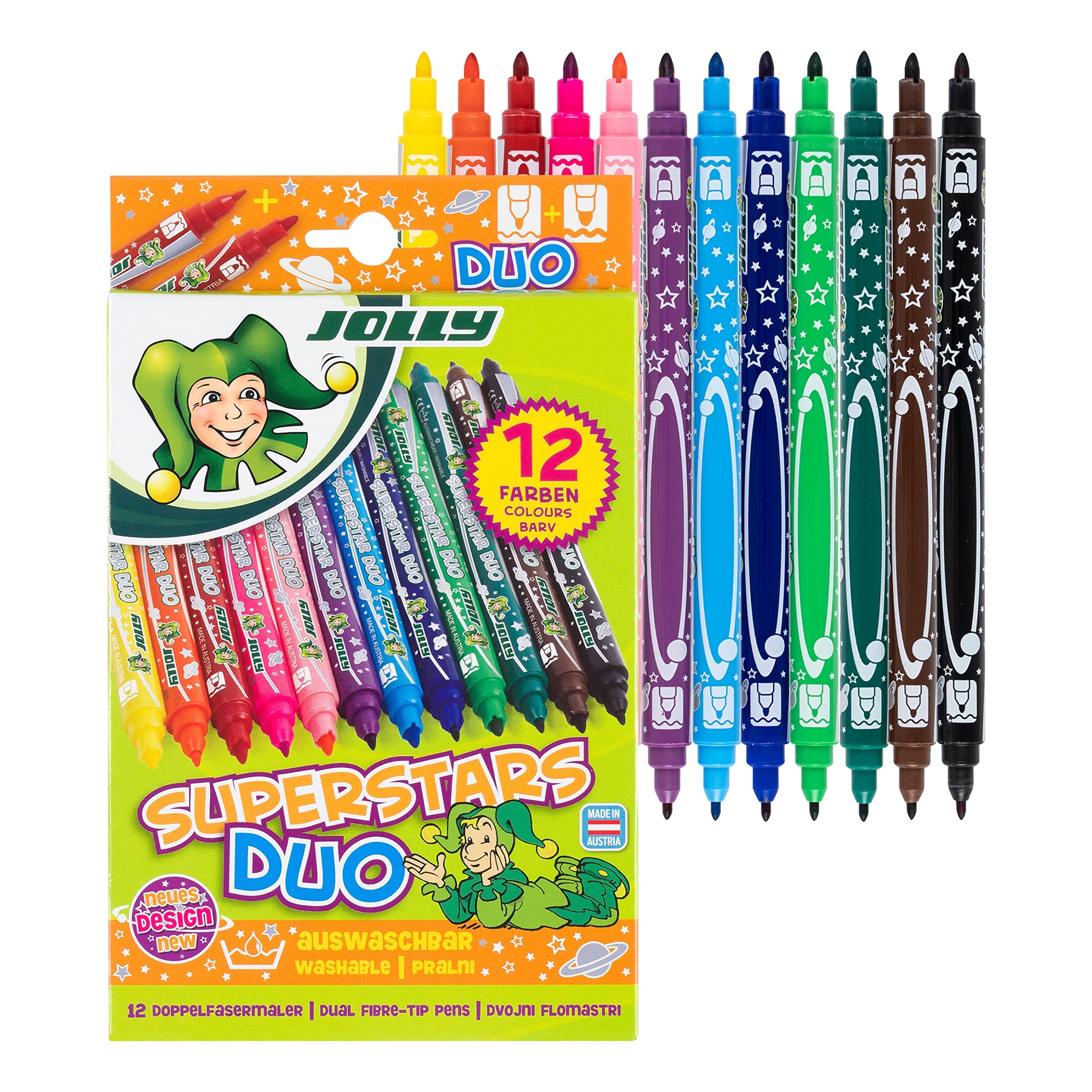 🌟 JOLLY Fasermaler Superstar Duo sort, 12er-Kartonetui 12 Fasermaler Single 🖍️