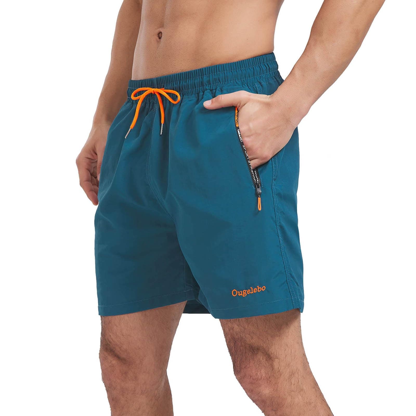 🩳 Ougelebo Badehose mit Reißverschlusstasche Herren Badeshorts Schnelltrocknend L Pfauenblau