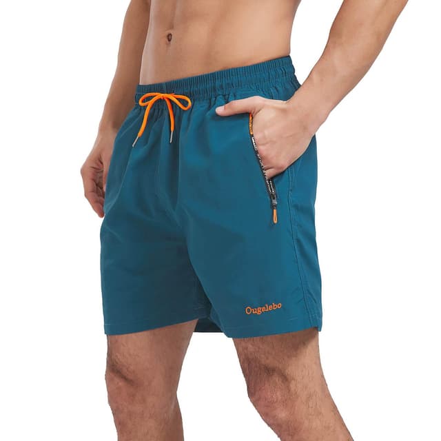 🩳 Ougelebo Badehose mit Reißverschlusstasche Herren Badeshorts Schnelltrocknend L Pfauenblau