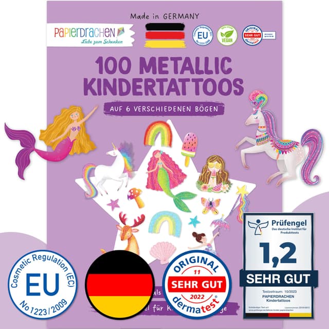 Papierdrachen 100 Metallic-Tattoos für Kinder 🦄🌈 - Hautfreundliche Kindertattoos - Geschenkidee