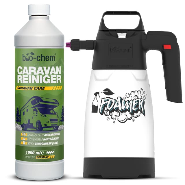 🚐 Bio-Chem Caravan- und Wohnmobil-Reiniger - Extra Starkes Konzentrat - 1000 ml + Schaumsprüher - Reiniger für Wohnmobile, Wohnwagen, Vorzelte, Regenstreifenentferner