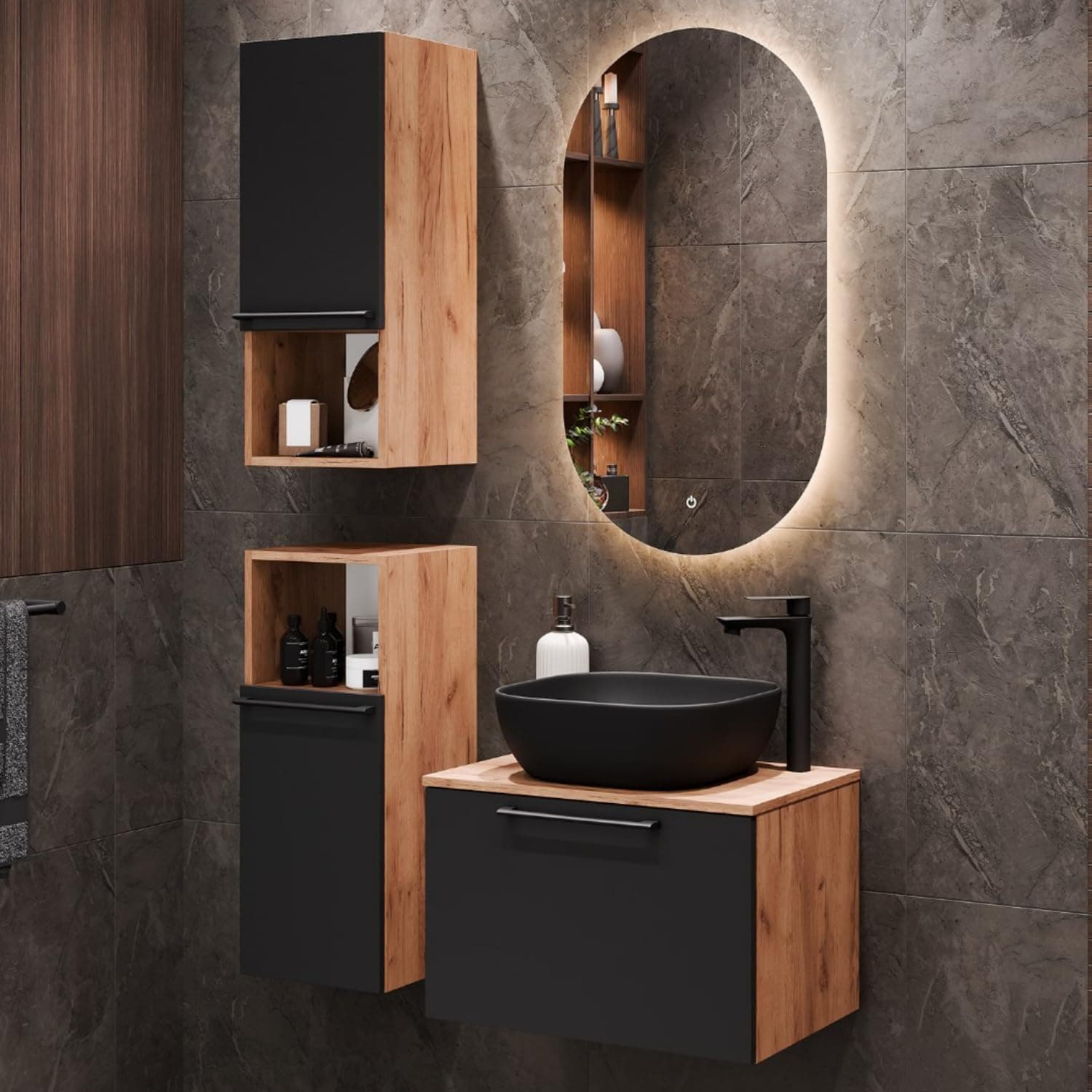 🚿🌟 Planetmöbel Astra Badmöbel Set mit Waschtisch 60 cm und 2X Midischrank Gold Eiche Anthrazit
