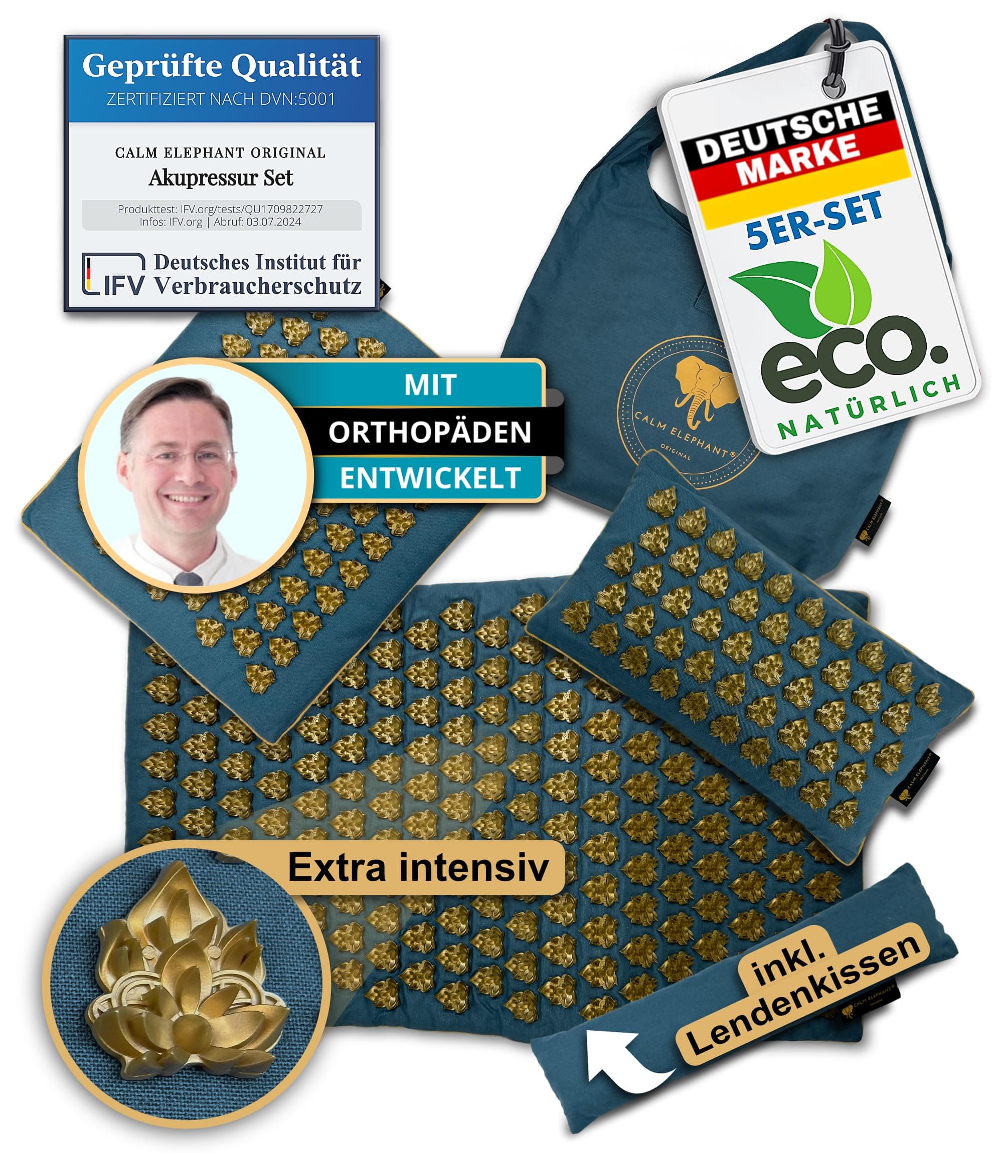 CALM ELEPHANT ORIGINAL® Akupressurmatte mit Kissen (Wärmefunktion) XXL Set EXTRA INTENSIV für Fortgeschrittene - MANDALA PRO, 5-teilig, Massagematte Rücken, Verspannungen lösen, Akupunktur Matte, blau Intensives 5er-Set Blau