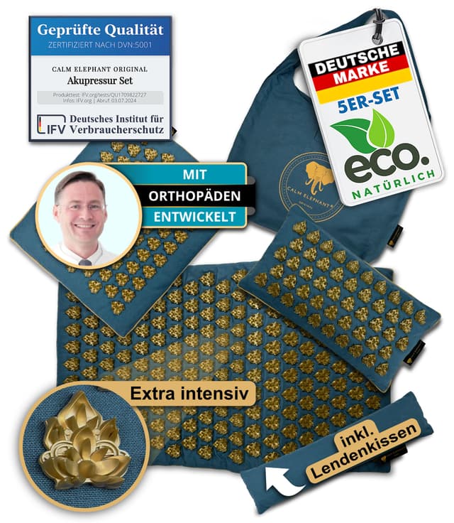 CALM ELEPHANT ORIGINAL® Akupressurmatte mit Kissen (Wärmefunktion) XXL Set EXTRA INTENSIV für Fortgeschrittene - MANDALA PRO, 5-teilig, Massagematte Rücken, Verspannungen lösen, Akupunktur Matte, blau Intensives 5er-Set Blau