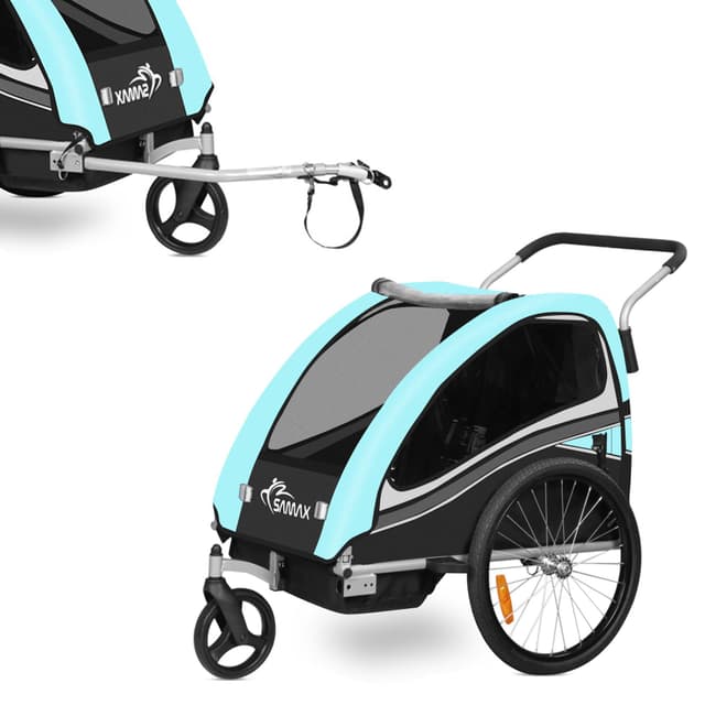 🚴‍♂️ SAMAX Fahrradanhänger Jogger 2in1 360° drehbar Kinderanhänger Kinderfahrradanhänger - Black Edition Türkis