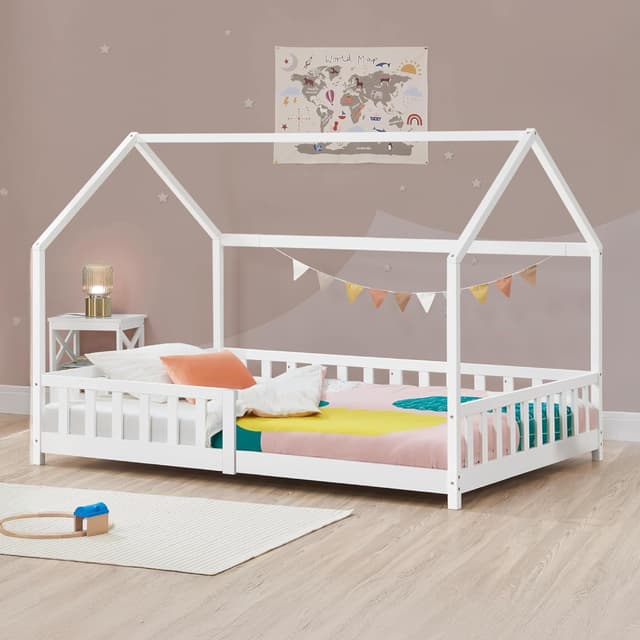 🏠 [en.casa] Kinderbett Hesel Hausbett Weiß 90 x 200 cm mit Rausfallschutz und Lattenrost
