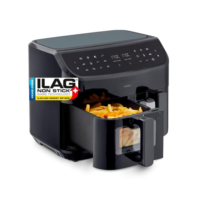 🔥 Angebot: MEDION P20 XXL Heißluftfritteuse mit 2 Kammern in Schwarz! 🍟