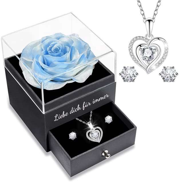 Sunia Ewige Echte Rose mit Herz Halskette und Ohrringe - Handgemachte Ewige Rose Geschenke 🌹💖