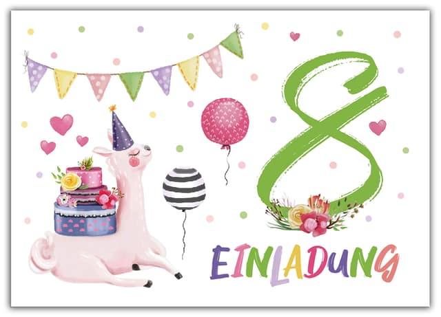 🎉 Junaversum 12 Einladungskarten zum 8. Kindergeburtstag Mädchen Lama Einladungen 🦙🎈