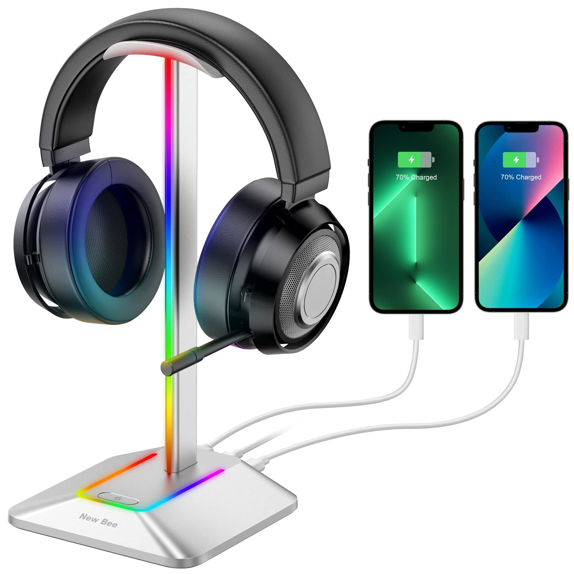 New Bee Kopfhörer Ständer mit RGB-Beleuchtung und USB-Anschlüssen