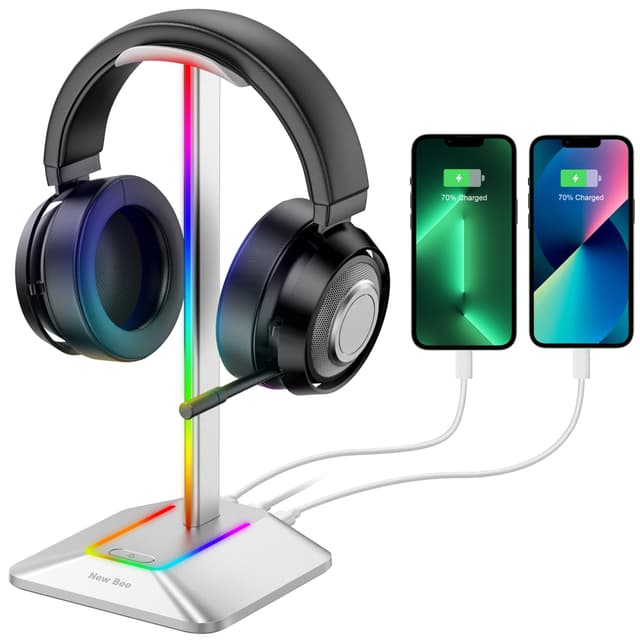 New Bee Kopfhörer Ständer mit RGB-Beleuchtung und USB-Anschlüssen
