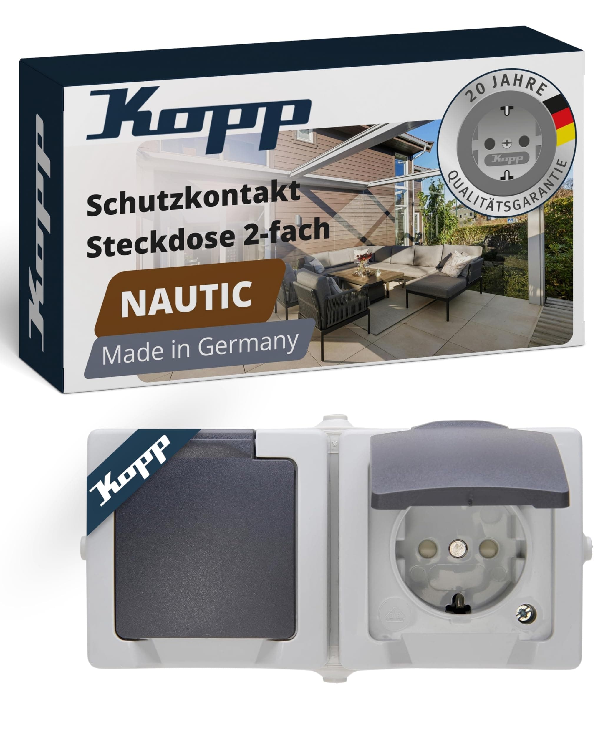 Kopp NAUTIC 2-fach Schutzkontakt-Steckdose mit Klappdeckel in Grau 🛠️ Sichere Aufputz-Steckdose mit erhöhtem Berührungsschutz