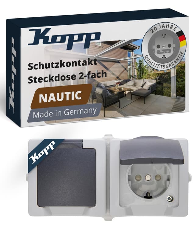 Kopp NAUTIC 2-fach Schutzkontakt-Steckdose mit Klappdeckel in Grau 🛠️ Sichere Aufputz-Steckdose mit erhöhtem Berührungsschutz