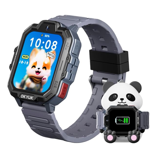 OKYUK T17 Smartwatch Kinder, 4G Kinder Smartwatch mit GPS & Videoanruf, SOS Notruf, Sprachchat, SMS, Schulmodus, Spiele & Panda-Ladestation