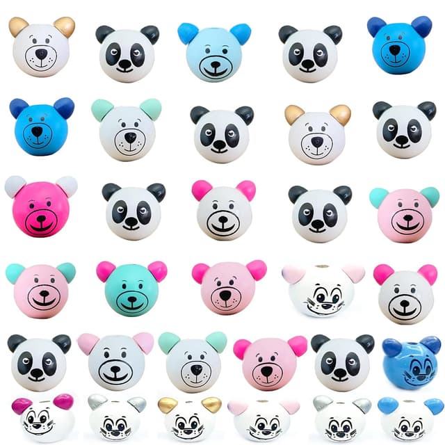 🐼 Holzperlen mit Gesicht, 32 Stück Bärenkopf Holzperlen 🐻