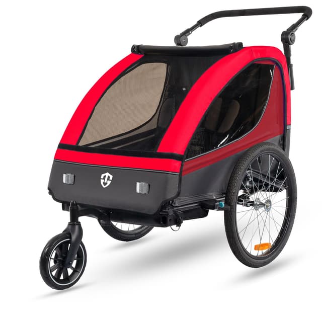 🚲👶 Tiggo VS Kinderanhänger 360° Drehbar mit Federung 2in1 Fahrradanhänger mit Buggy Set Jogger 5-Punkt Gurt Fahrrad Anhänger für 1 bis 2 Kinder max. 40kg ROT