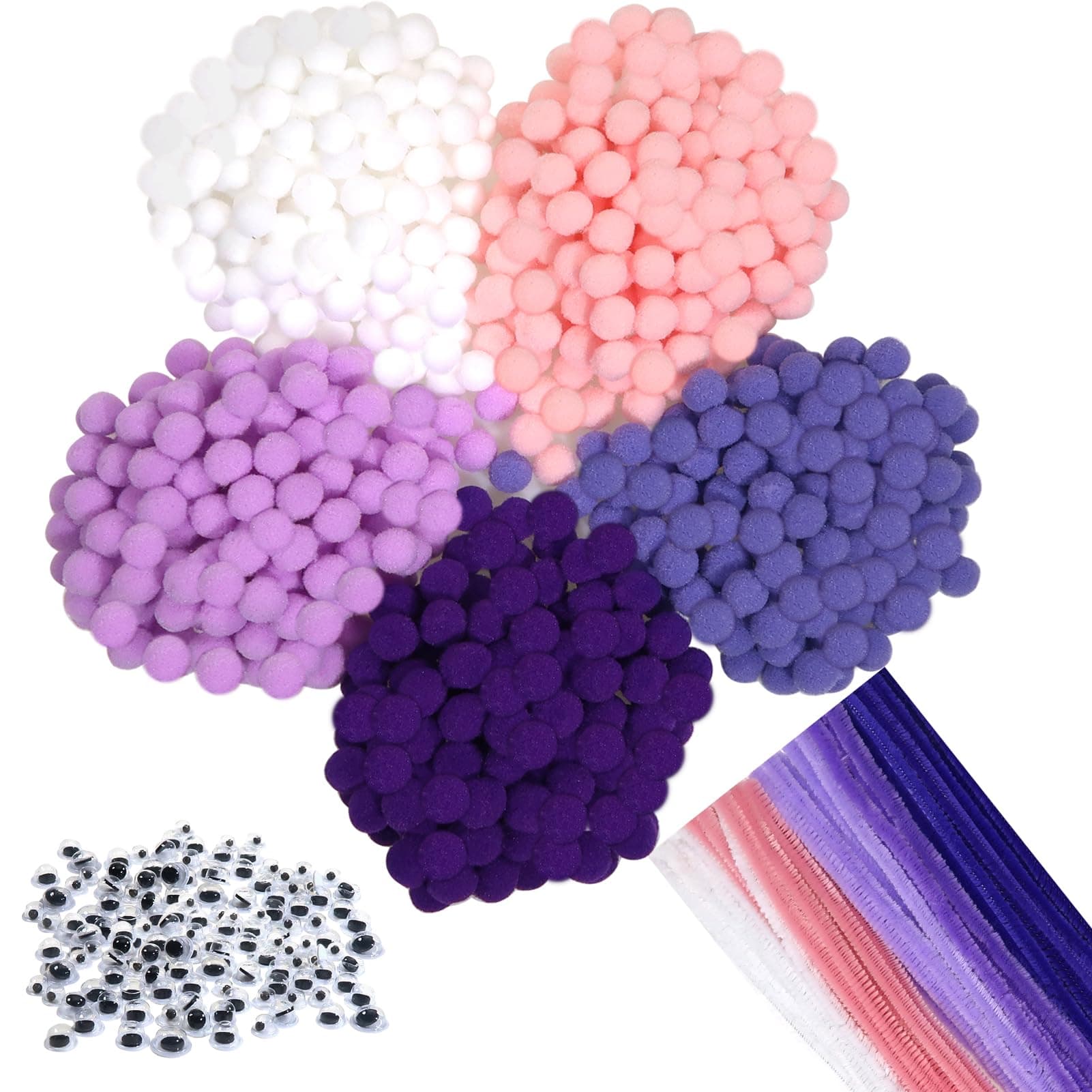 TOAOB 1000 Stück Lila Serie Pompons Pfeifenreiniger Chenilledraht und Selbstklebend Wackelaugen 🎨🎉