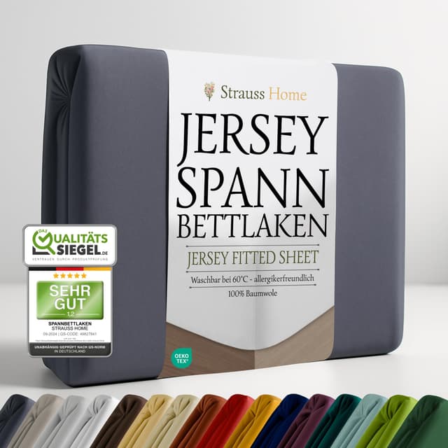 🛏️ Strauss Home® Jersey Spannbettlaken 100% Baumwolle Übergrösse Anthrazit 140x220-160x220cm