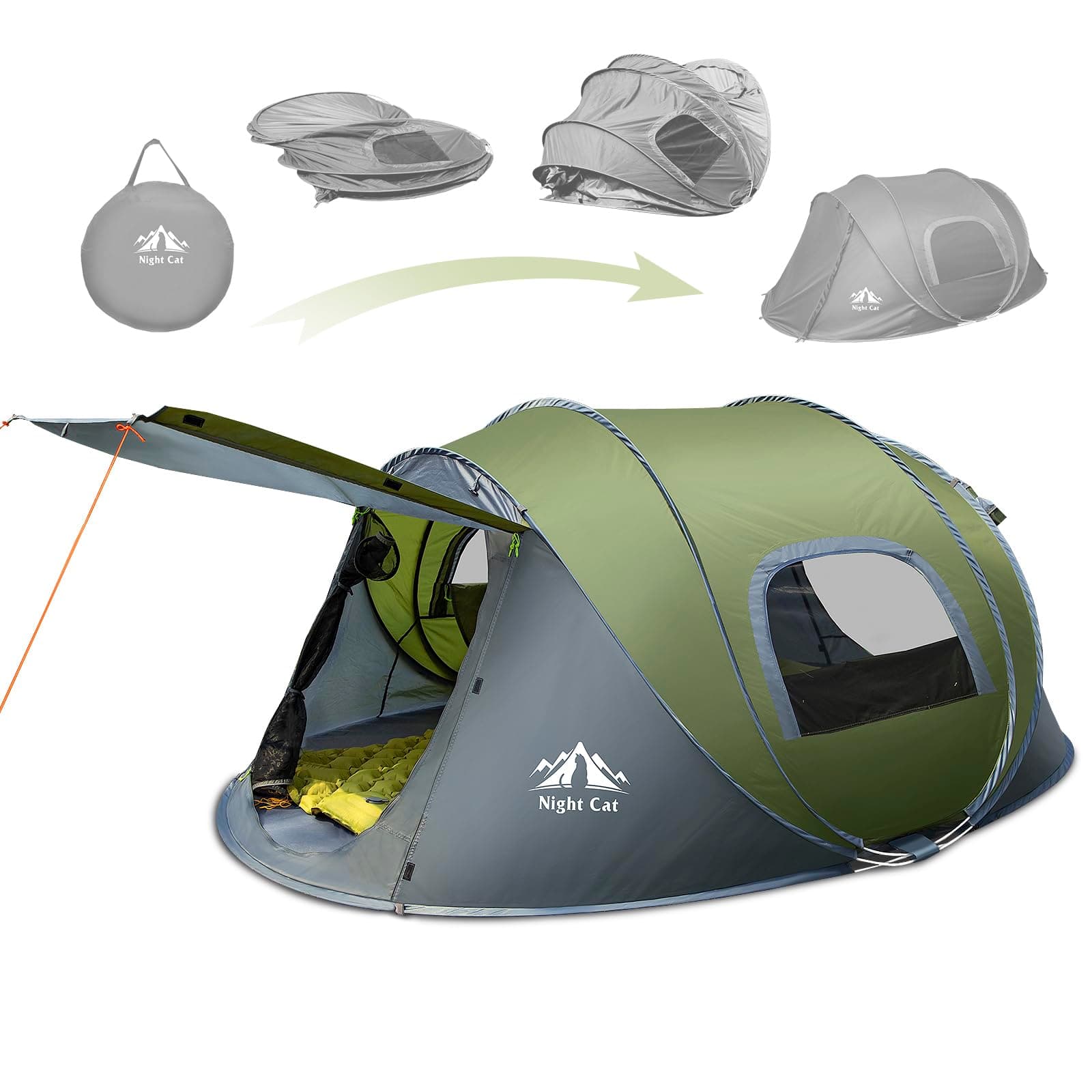 Night Cat Wurfzelt 2-4 Personen Wasserdicht 🏕️ Camping Zelt für Outdoor Sport Picknick Wandern Reisen 2 Personen Grün