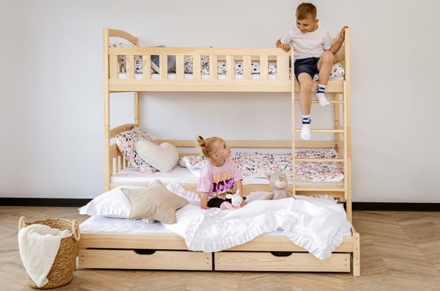 🌟 Hochbett 90x200 mit Ausziehbett Etagenbett Kinderbett, Zwei Schubladen, Lattenrost, Rausfallschutz und DREI Matratzen, umbaubar in DREI Einzelbetten 🌈