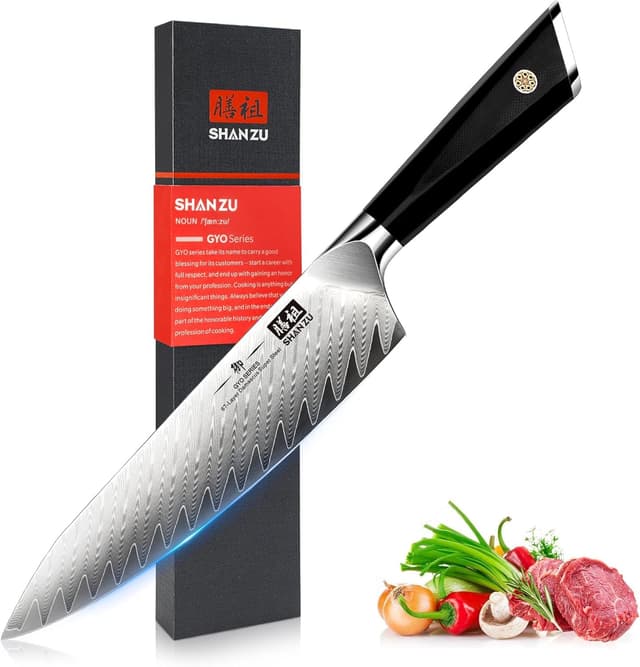 SHAN ZU Damast Kochmesser 21cm, Japanisch 10Cr15CoMoV Damastmesser