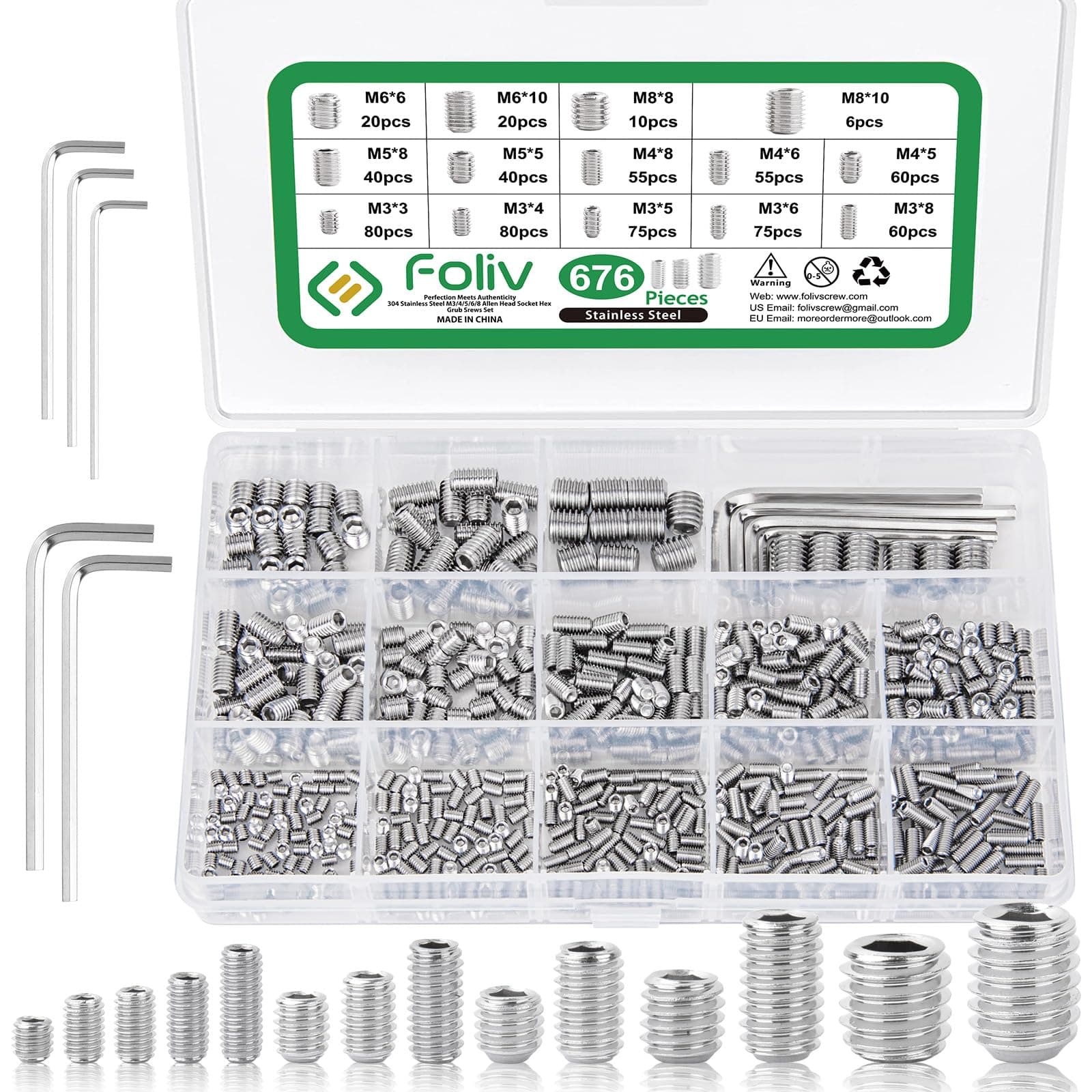 Foliv 676 Stück Madenschrauben Sortiment Set Edelstahl M3 M4 M5 M6 M8 🛠️